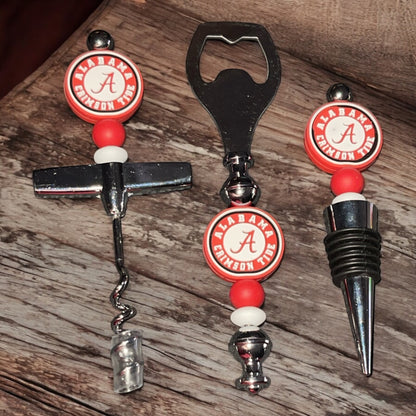 University of Alabama Beaded Wine Stopper, Corkscrew & Bottle Opener Set - Crimson Tide Bar Accessories