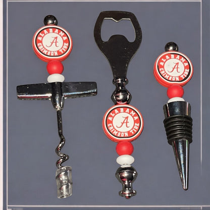 University of Alabama Beaded Wine Stopper, Corkscrew & Bottle Opener Set - Crimson Tide Bar Accessories