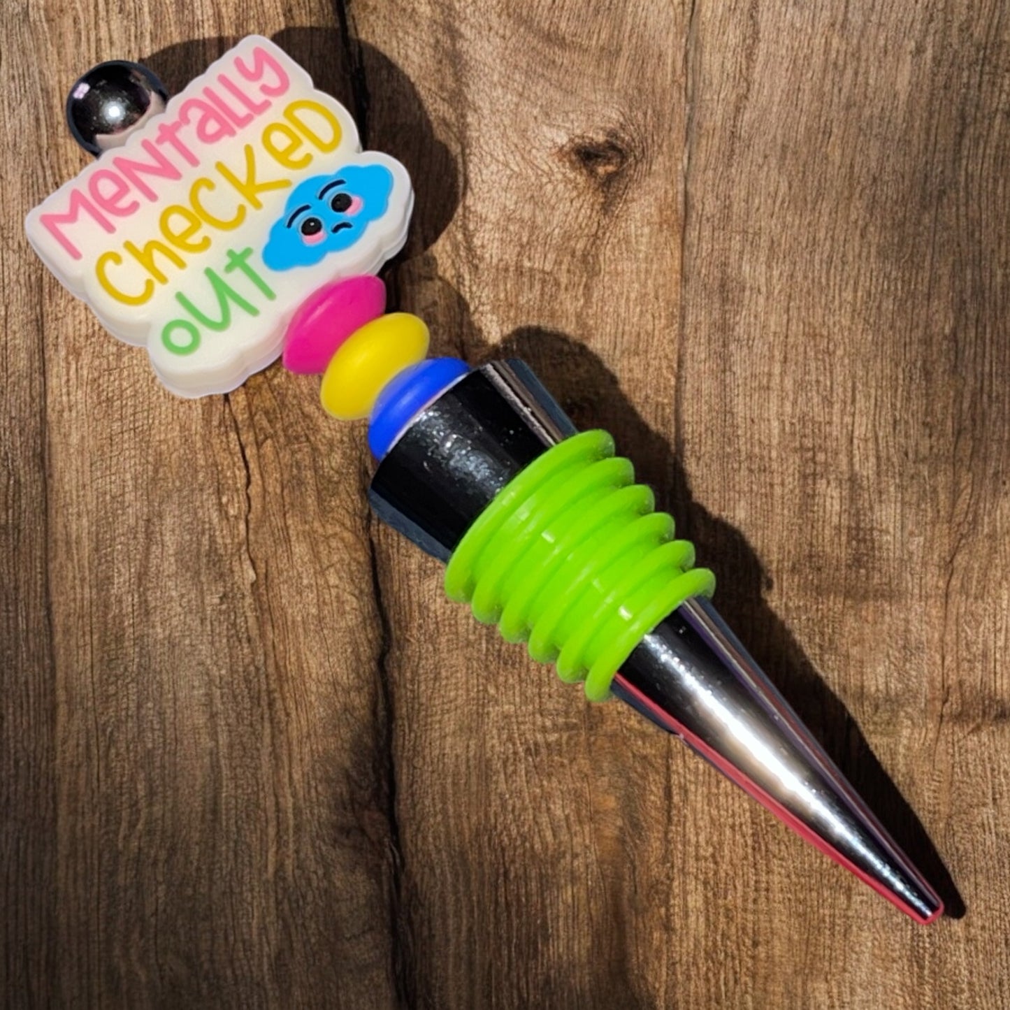 Mentally Checked Out Beaded Wine Stopper - Funny Wine Accessory, Silicone & Wood Beads