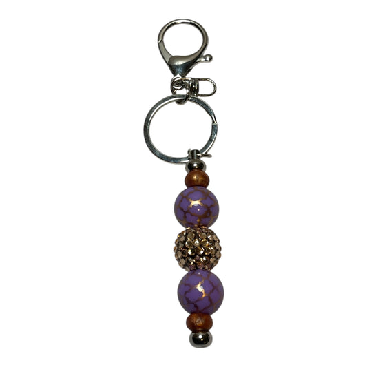 Handmade Beaded Keychain with Lavender and Gold Accents – Stylish Key Ring with Sparkling Crystal Bead