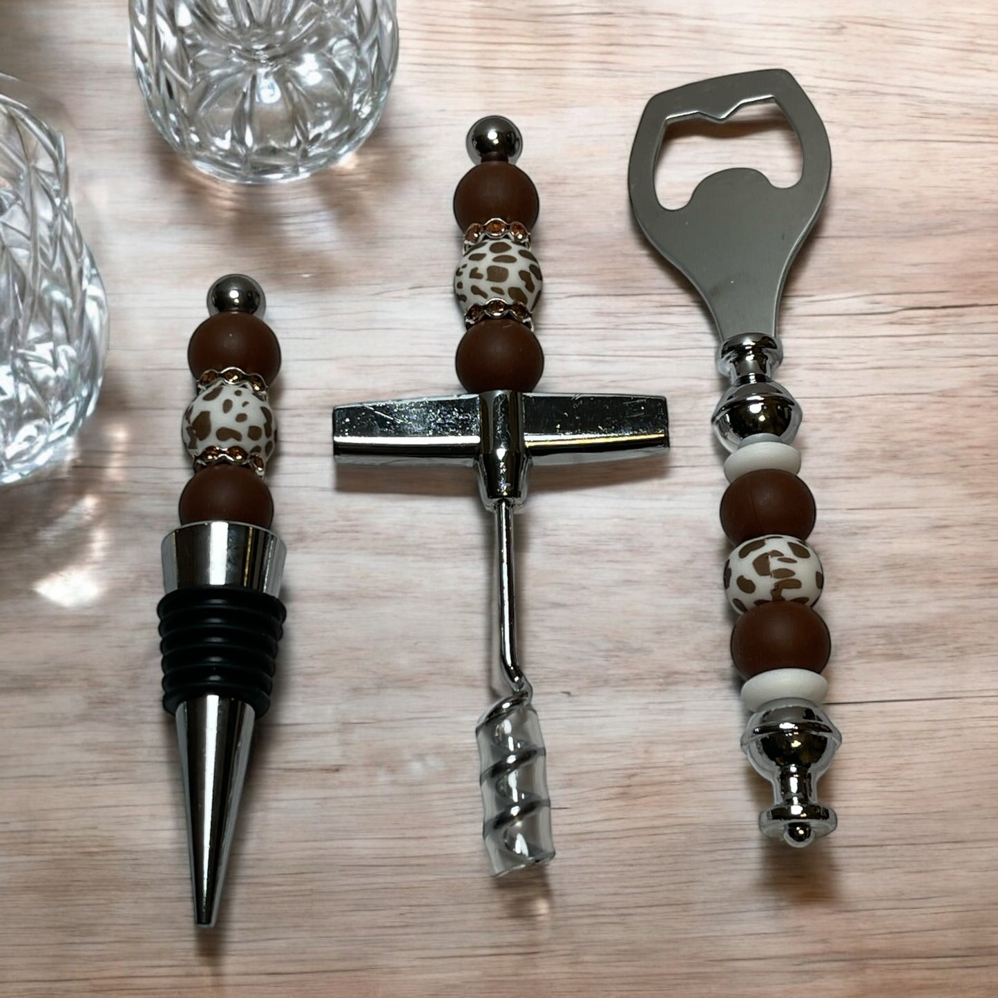 Handmade Beaded Wine Stopper, Bottle Opener & Corkscrew Set – Unique Gift Set