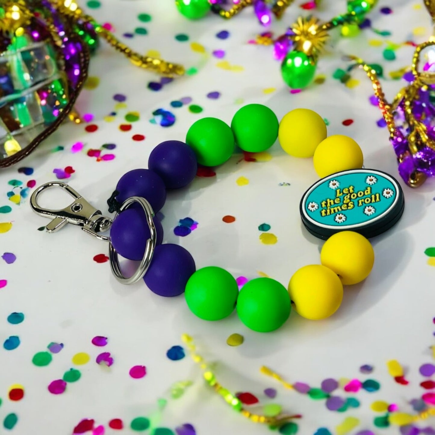 Mardi Gras Focal Wristlet - Beaded Keychain for Parade & Festival Fans